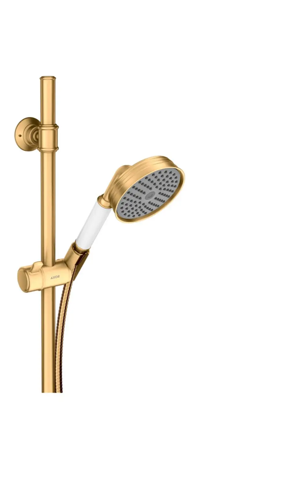 Handbrause mit goldener Oberfläche, an einer Halterung montiert. Die Brause ist von AXOR und verfügt über einen flexiblen Schlauch für einfache Handhabung.